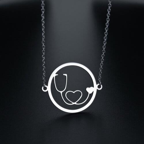 YWSHK High Quality Round Stethoscope Inlay Pendant Necklace Stainless Steel Heart Doctor Nurse Medical For Women Girl Jewerlry