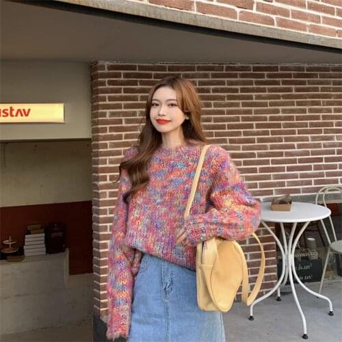 Winter Women Sweater New-coming Korean Style Eye-catching Color Festival-dyed Loose Round Neck Plush Retro Pullover For Women