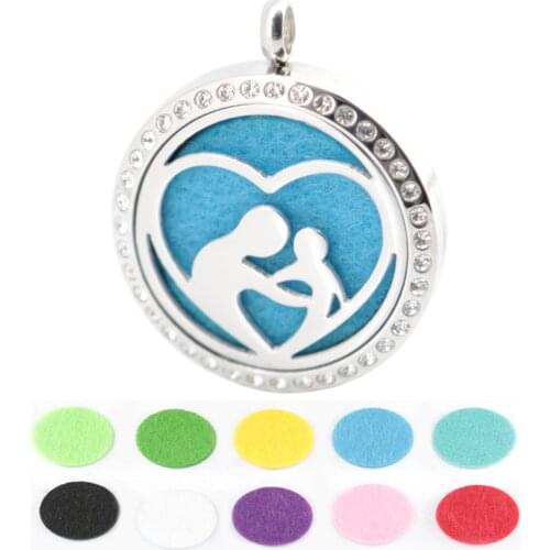 10pcs 30mm mother love baby crystal Aromatherapy Essential Oil 316 Stainless Steel Perfume Diffuser Locket Necklace with chain