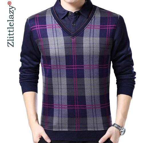 2020 Casual Fake Two Pieces Polo Shirt Men Poloshirt Jersey Plaid Mens Winter Thick Warm Polos Tee Shirts Dress Fashions 02107