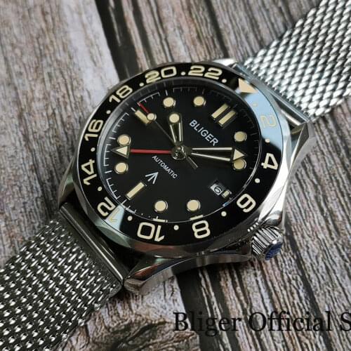 BLIGER GMT Dress Automatic Men Watch MINGZHU 3804 Movement Unidirectional Bezel Mental Band Screw Down Crown
