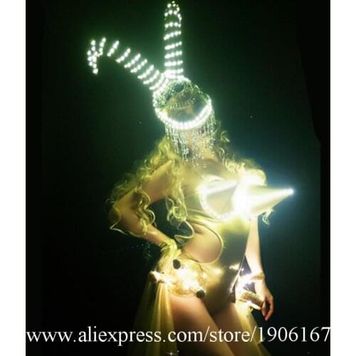White Led Light Up Sexy Lady Party Dress Led Luminous Horn Headwear DS Nightclubs Clothes Queen Halloween Performance Suit