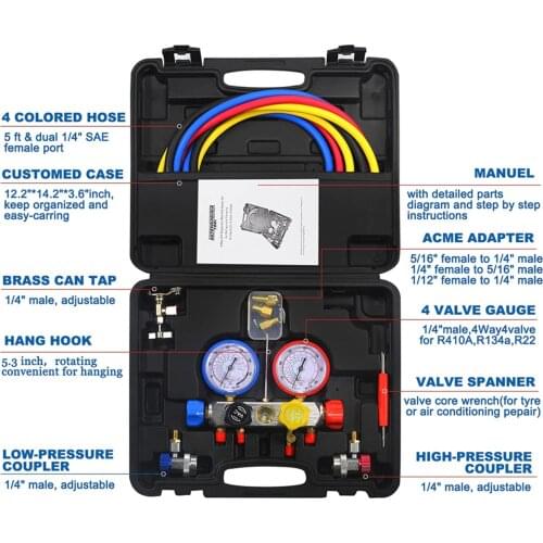 For R134A R410A and R22 4 Way A/C Diagnostic Manifold Gauge Set with 5FT Hose, 3 Acme Adapters, Adjustable Couplers and Can Tap
