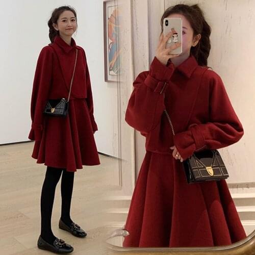 Plus Size 4XL Autumn Winter Woolen Two Pieces Set Korean Thicken Red Short Coats and Button Mini Dresses Women Streetwear Suit