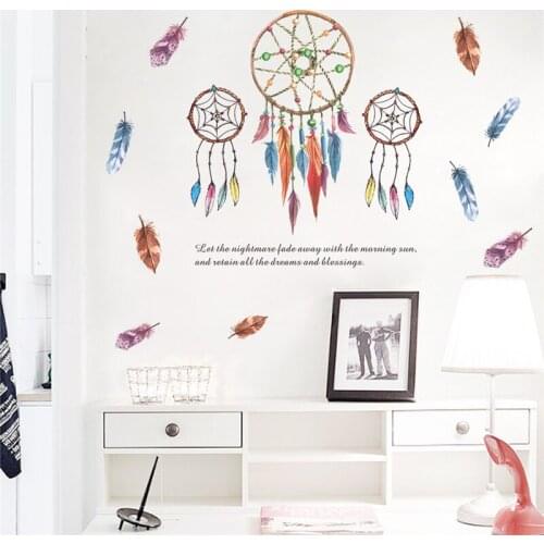 Colourful Feathers Dream Catcher Wall Art Stickers For Store Office Home Decoration Bedroom Wall Mural Decals Diy Pvc Posters