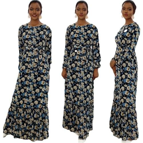 Muslim Women Floral Printed Long Dress Ethnic Vintage Ramadan Islamic Arab Jilbab Eid Ramadan Islamic Kaftan Holiday Maxi Robe