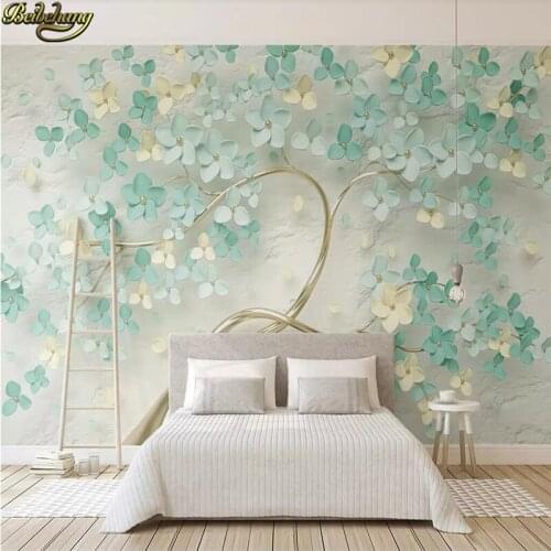 Beibehang Custom wallpaper mural small fresh mint green 3d flower embossed background wall papers home decor papel de parede