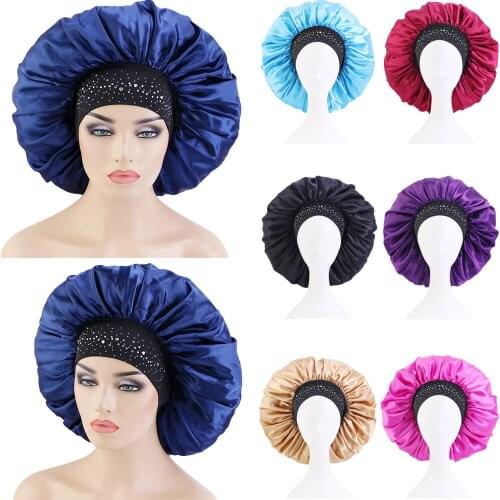 Extra Large Satin Silky Bonnet Sleep Cap Rhinestone Elastic Wide Band For Women Solid Color Head Wrap Brimmed Nightcap Night Hat