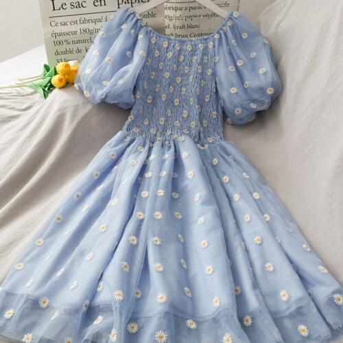 Puff Sleeve Floral Dress 2021 Women Daisy Printed High Waist Midi Mesh Elegant Party Dresses Woman Summer Chiffon Princess Dress