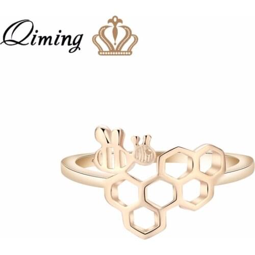 QIMING Cute Honeycomb Bee Women Rings Insect Pendant Beehive Golden Korean Jewelry Party Birthday Gift Wedding Ring