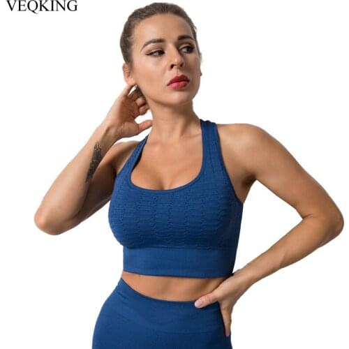 VEQKING Cross Back Sports Bras Women Shockproof Padded Yoga Workout Bra Sports Top Solid Texture Fitness Vest Running Tank Top