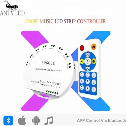WS2812B WS2811 SP608E Music Controller 8CH Signal Output WS2815 LED Light Strip Built In Mic IOS Android Bluetooth APP DC5V-24V