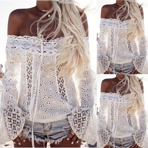 Sexy Lace Blouse Shirt Women Long Sleeve White Blouses Female Off Shoulder Tops Elegant Fashion Blouse Shirts