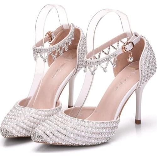 Women sandals wedding Party PU Rhinestones Buckle Strap 9.5CM Thin High heels Pointed Toe sandal women shoes 2020 size 35-42