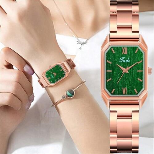 Women Luxury Rectangle Roma Green Watches Tadi Brand Rose Gold Quartz Watches Gift Clock Relogio Feminino for Drop Shipping