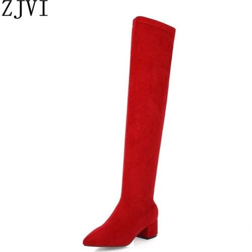 ZJVI 2020 Women Pointed Toe Winter Autumn Over The Knee Boots Suede Square Heels Woman Ladies Thigh High Boots For Girls Shoes
