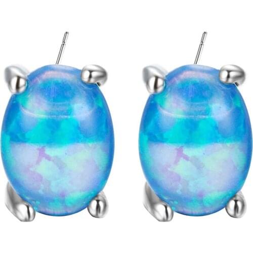 UFOORO earrings 8mm round White Blue Fire Opal Stud Earrings for Women Filled Jewelry Cute Earrings Gift