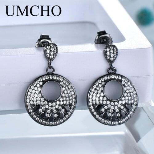 UMCHO Black Spinel Jewelry Solid 925 Sterling Silver Gemstone Drop Earrings For Women Unique Anniversary Gift Fine Jewelry