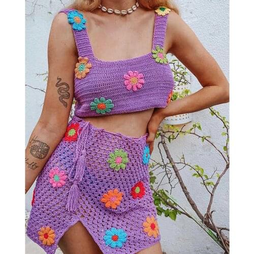 12 Styles Casual Crochet Suit Tube Top Mini Skirt Harajuku Y2k Aesthetic Sweater Vest Flowers Women Boho Holiday Streetwear Sets
