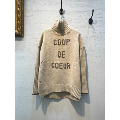 Woman Camel Turtle Neck High Oversized WOOL Sweater Front letter Embroidery Jacquard Drop Shoulder Long Sleeves Jumper