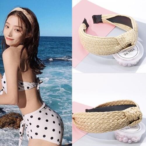 Bohemian Straw Weaving Knotted Women Hairband Cross Knot Hair Bands Hoop Bezel Handmade Hair Accessories Beach Girls 6 Colors