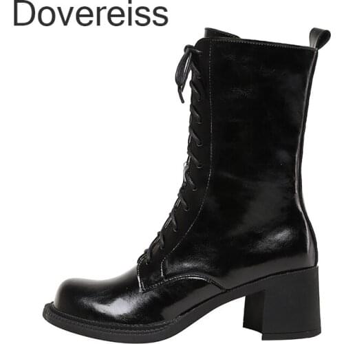 Dovereiss Fashion Genuine Leather Winter White Sexy Zipper Pink Beige Cross Tied Chunky Heels Matin Boots Ankle Boots