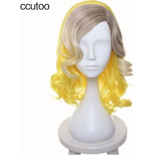 Ccutoo Females 40cm Yellow Blonde Brown Ombre Mix Curly Side Part Styled Synthetic Hair Party Cosplay Costume Wigs