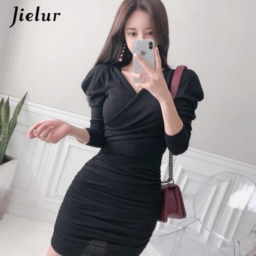 Jielur V-neck Dresses Solid Color Skinny New Autumn Long Sleeve Robe Femme Slim Chic Women Dress Mini Bodycon Dress Black