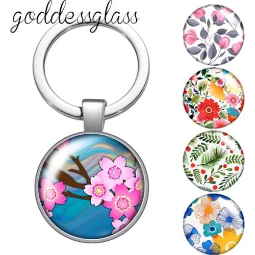 Beauty Flowers Daisy sakura Magnolia Round glass cabochon keychain Bag Car key chain Ring Holder Charms keychains for gift
