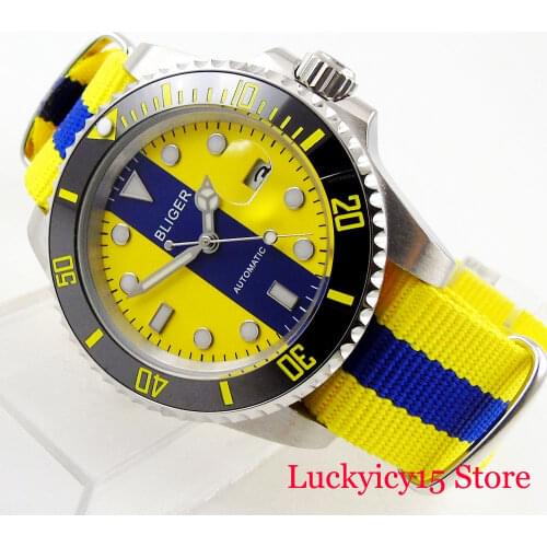 BLIGER Self Winding 40mm Yellow Dial Date Indicator Sapphire Glass Mens Watch Automatic Movement