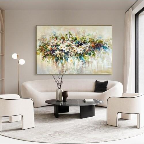 Pue Hand-Painted White Flowers Oil Painting Abstract Canvas Painting Handmade Flower Wall Art Picture Living Room Bedroom Decor
