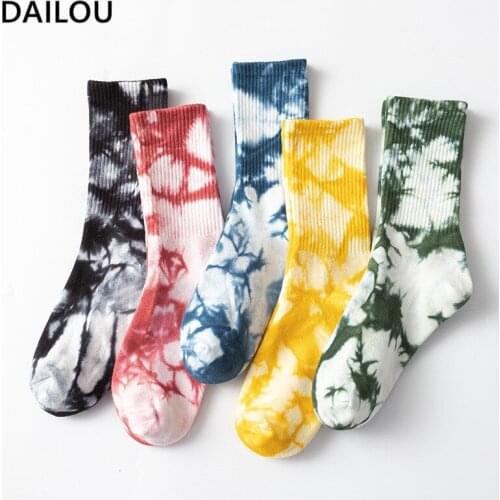 New Tie Dye Socks Men Street Skateboard Thick Line Lover Harajuku Personality Pink Trendy Long Funny Happy Socks Women Popsocket