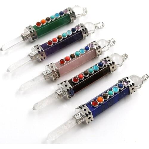 Silver Plated Layer Hexagon Many Colors Quartz Stone Pendant with Small Beads Healing Chakra Inspiration Jewelry