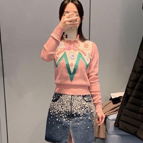 Pullover Ladies Pink Ruffled Sweater, Collar Embroidery Beaded Sweater Korean Fashion Luxury Sweater Spring 2021 Pullover