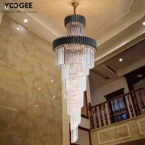 Modern Luxury Staircase Chandelier Crystal Home Decoration Black/Gold LED Large Hang Lamp Indoor Lighting Fixtures