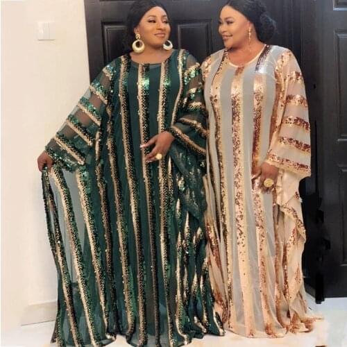 Super Size New African Dresses For Women African Dress Lace Sequins Round Neck Sleeves Daily Dress Evening Dress Party Dress