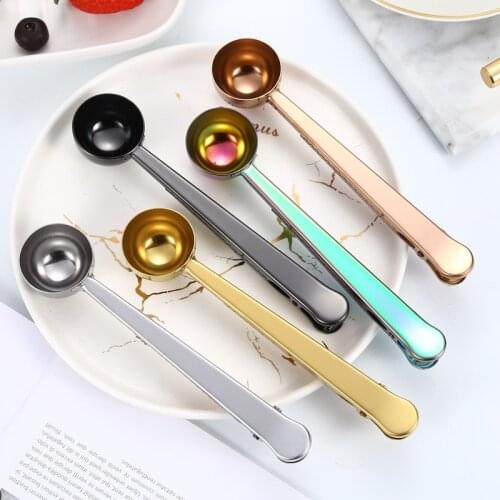 Two-in-one Stainless Steel Coffee Spoon Sealing Clip Kitchen Gold Accessories Recipient Cafe Expresso Cucharilla Decoration