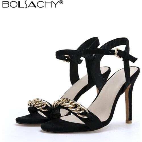 2021 New Ankle Strap Black Women Thin High Heels 8CM Sandals Peep Toe Chain decoration Female Party Shoes Sandalias de mujer