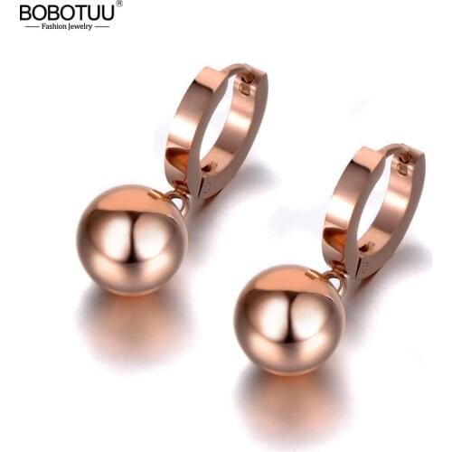 BOBOTUU Bohemia Rose Gold Stainless Steel Smooth Round Ball Earrings Trendy Party Hoop Earrings Jewelry For Women Girls BE19318