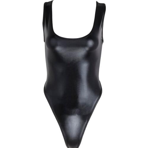 Women Black Patent Leather Sexy Bodysuit Ballet Dancewear Gymnastics Leotard Sleeveless High Cut Swimsuit Bikini Dance Costume