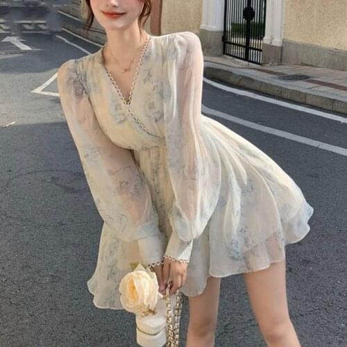 2021autumnFloral Mini Dress Office Lady newThin V-Neck Chiffon Elegant Vintage Dress Female Evening Party One Piece Korean