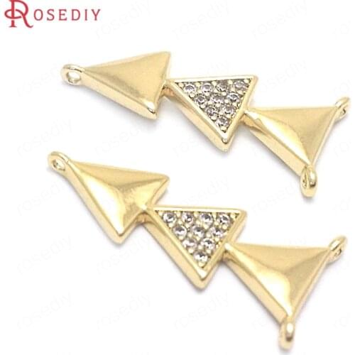 37747)4PCS 9x19MM 24K Gold Color Brass and Zircon 3 Holes Triangle Connect Charms Pendants Jewelry Making Supplies Diy Findings