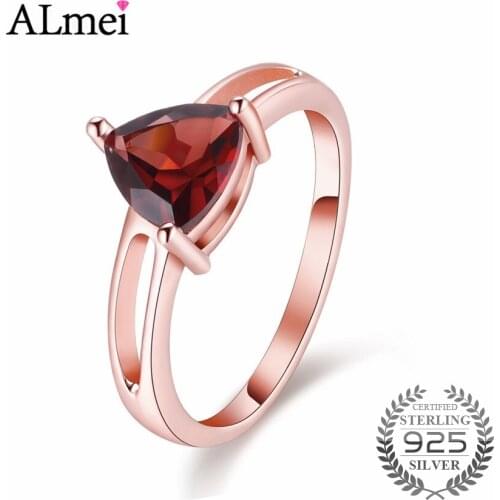 Almei Vintage Red Triangel Garnet Silver 925 Rings Rose Gold Color Genuine Stone Fine Jewelry for Women with Gift Box 40% FJ030