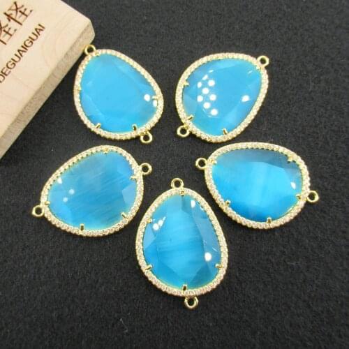 APDGG Wholesale 5PCS Blue Crystal Cubic Zircon Pave Connector Double Ring Jewelry Finding