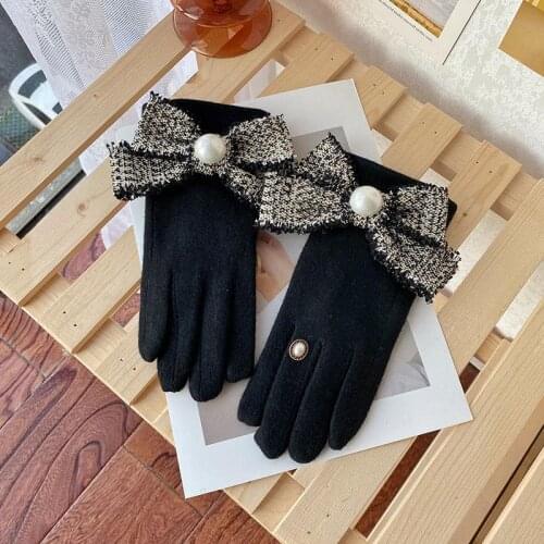 Fringed Fringe Pearl Big Bow Small Fragrant Wind Cashmere Wool Gloves Korean Thicken Touch Screen Warm Gloves Women A437
