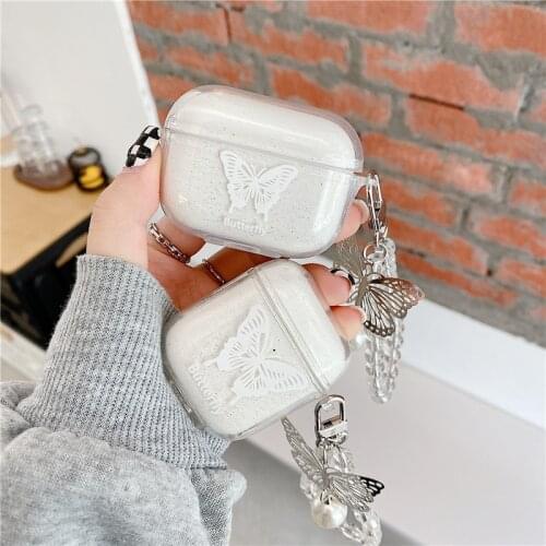 For AirPods Pro Cover Cute Glitter Butterfly Earphone Case for AirPods 1 2 3 Crystal Lanyards Headphone Cover Headset Cases