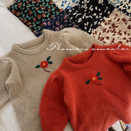 Childrens sweater 2021 autumn new Korean girls' embroidery flower sweater cross border solid color embroidered top