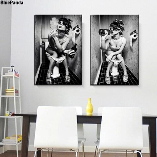 The Girl Is Drinking Beer in Bathroom Canvas Prints Picture Modular Paintings For Living Room Poster On The Wall Art Home Decor