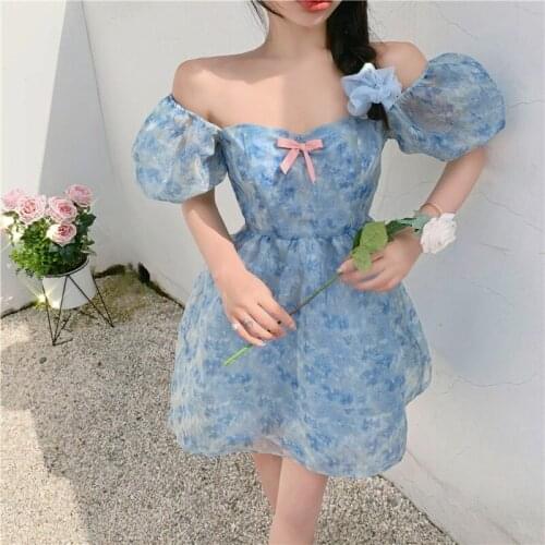 Elegant Retro French Floral Female Dress Blue Short-Sleeved Sexy One-piece Dress Korean Bowknot Design Floral Beach Dress