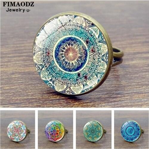 FIMAODZ Retro Lotus Mandala Ring Yoda Om Symbol Flower of Life Glass Art Photo Silver Bronze Rings for Women Female Gift
